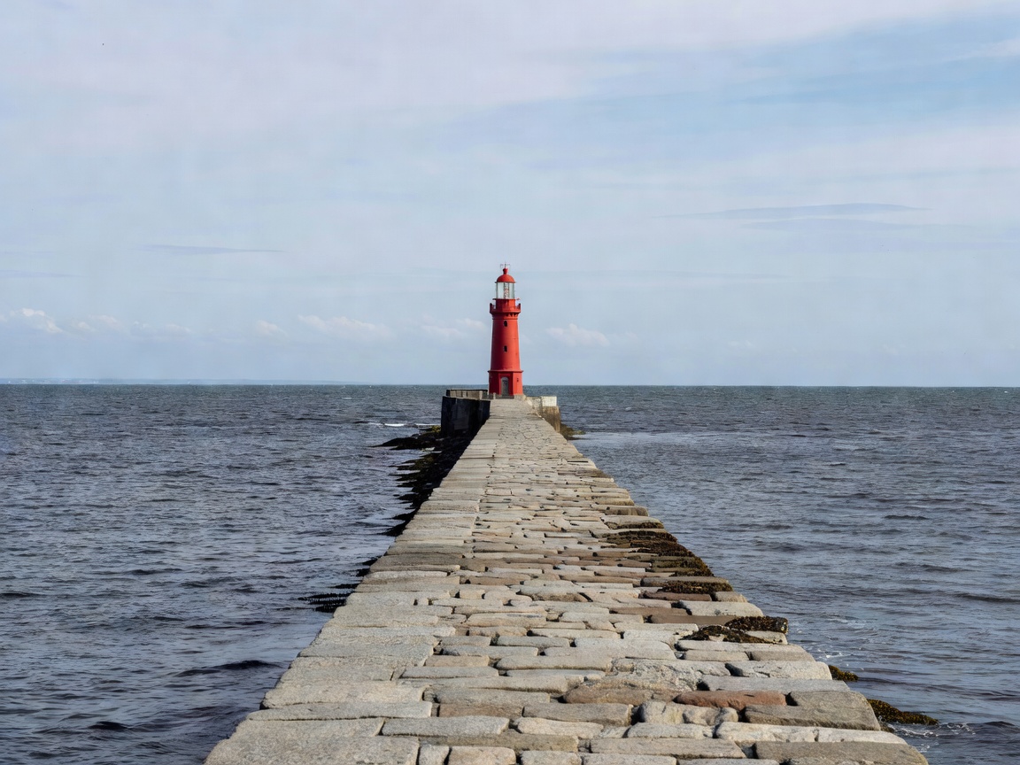 Bright red Poolbeg Lighthouse at the end of the granite South Wall stretching into Dublin Bay