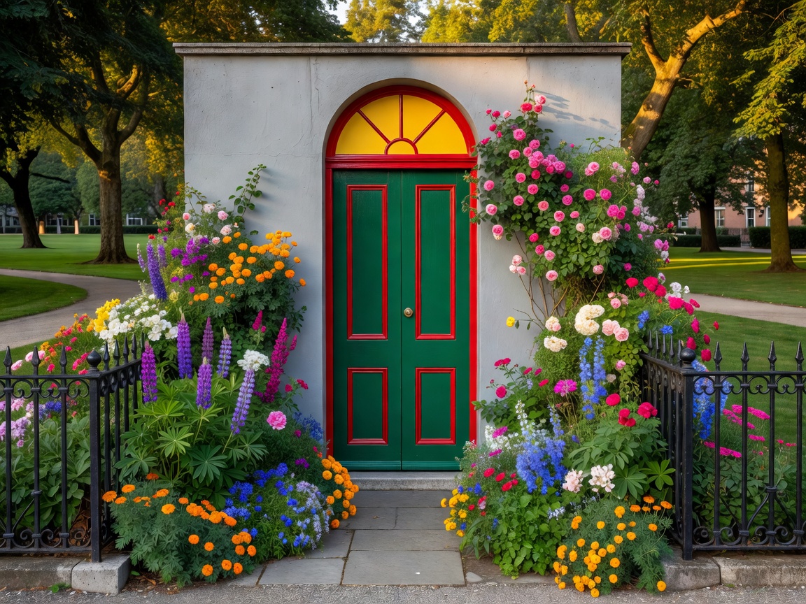 Colourful Georgian doorway and lush floral borders in Merrion Square Park Dublin