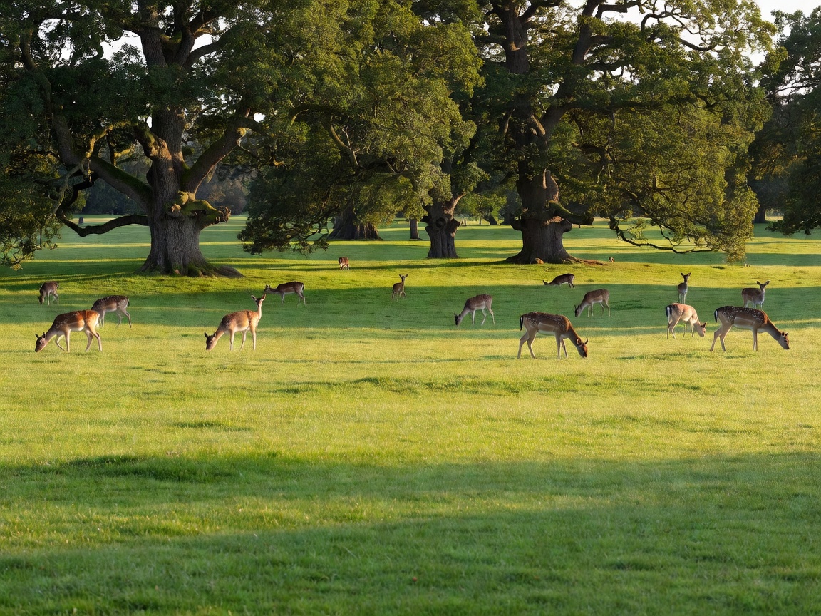 Expansive green grass and mature oak trees in Phoenix Park Dublin with roaming fallow deer pasture