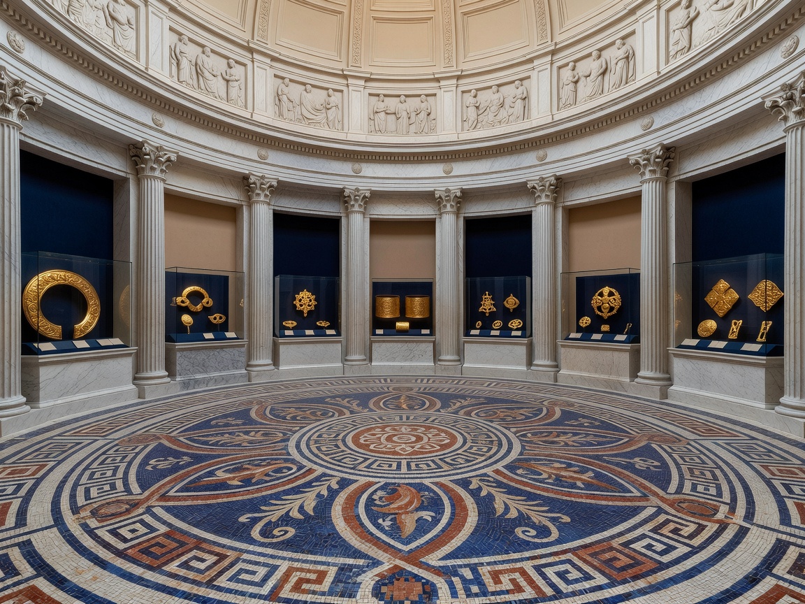 Neoclassical museum rotunda with intricate mosaic floors and Celtic gold artifacts on display